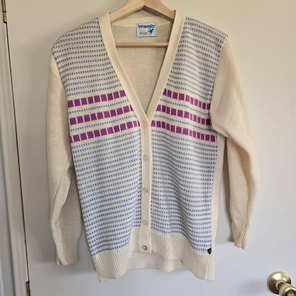 Vintage Wrangler Cream Cardigan with Purple and Blue Stripes Women's L